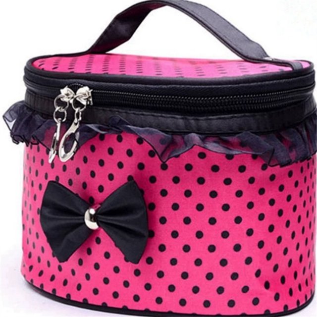 Travel Makeup Organizer Bag for Girls and Teens with Black Bow and Ruffle Trim Portable Zipper Closure Cosmetic Pouch Handle Carrying Polyester Material -Use Travel Storage
