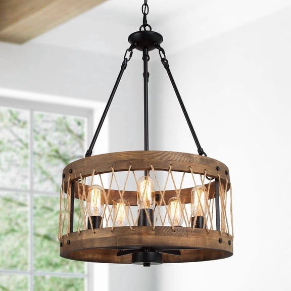 LNC Eriogonum 6-Light Rustic Round Chandelier with Rope and Faux Wood Accents
