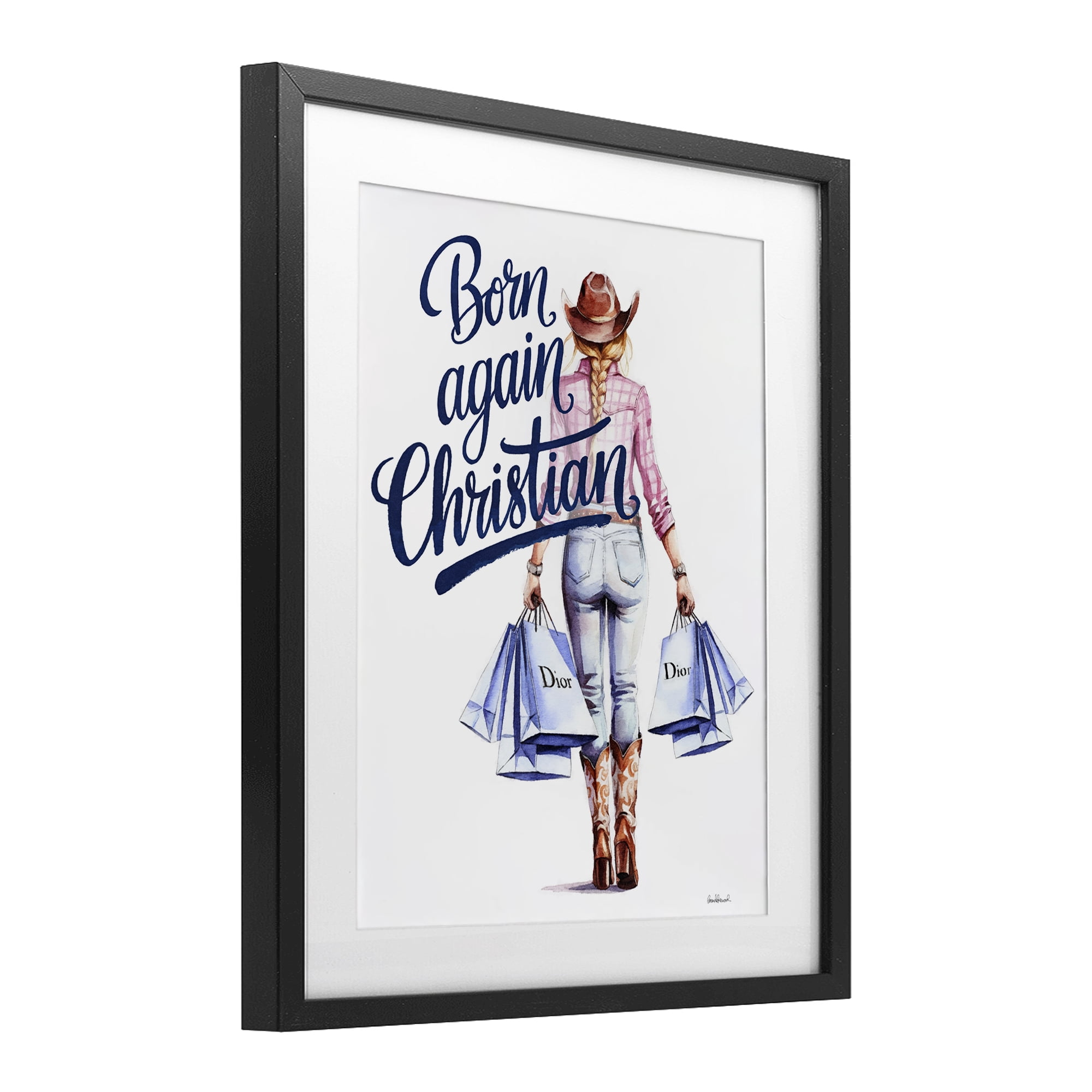 Born Again Christian Cowgirl Black Framed Print Under Glass, design by Amanda Greenwood