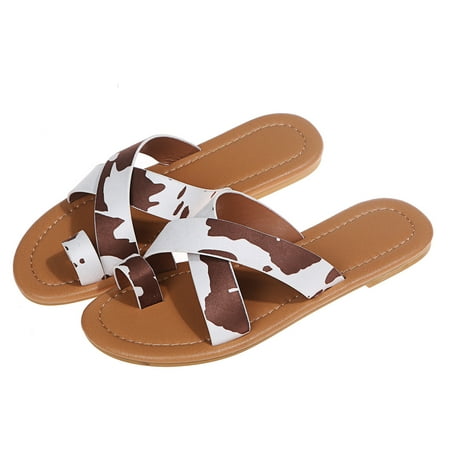 

〖Yilirongyumm〗 Yellow 38 Slippers For Women Ladies Retro Roman Style Slippers Leopard Print Cross Open Toe Fashion Causal Comfortable Outdoor Flat Sandals
