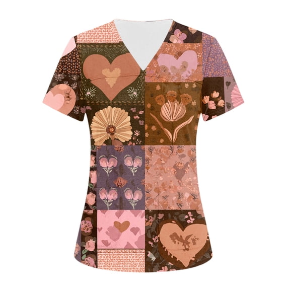OIOLOYJM Scrub Tops for Women 2026 Nursing V-Neck Short Sleeve Vintage Floral Print Scrubs Cotton Work T-Shirts Comfort Shirts with Pockets Hot Pink M