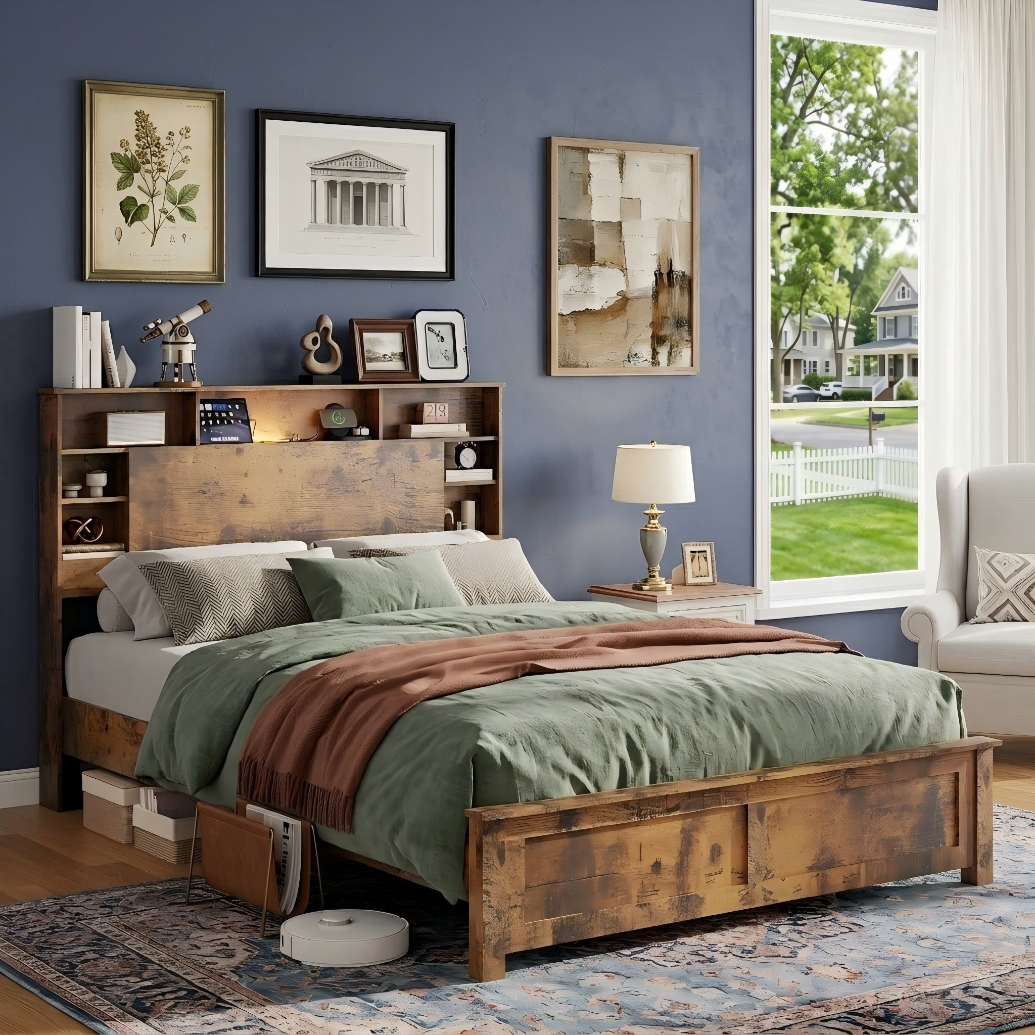 Aukfa Full Bed Frame with Charging Station, Storage Headboard & LED Lights, Farmhouse Wood Platform Bed, Brown