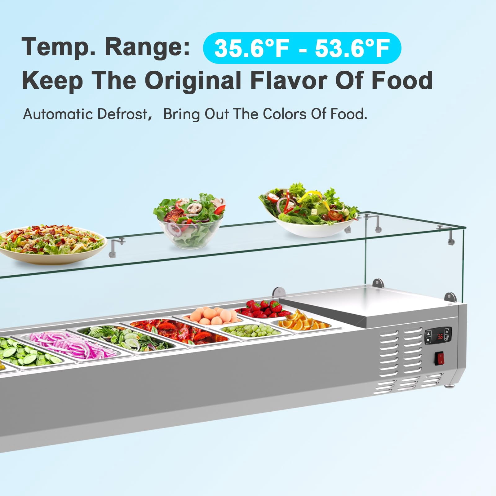 48" Countertop Refrigerated Condiment Station with Auto Defrost & Digital Controller and LED Display,Sandwich Prep Table Guard with 1/3 Pan*6 and 1/6 Pan*4,ETL,Glass Lid for Restaurant Food Tr