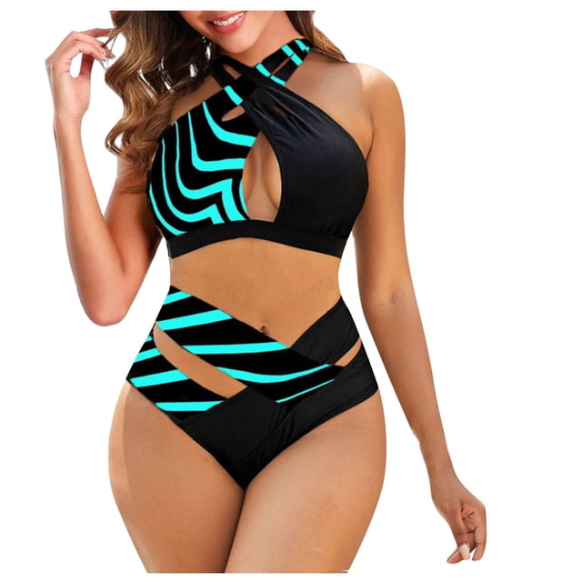 Plus Size Bikini Hanging Neck Split Print Swimsuit, Two-Piece Ladies Swimwear for Beach and Pool