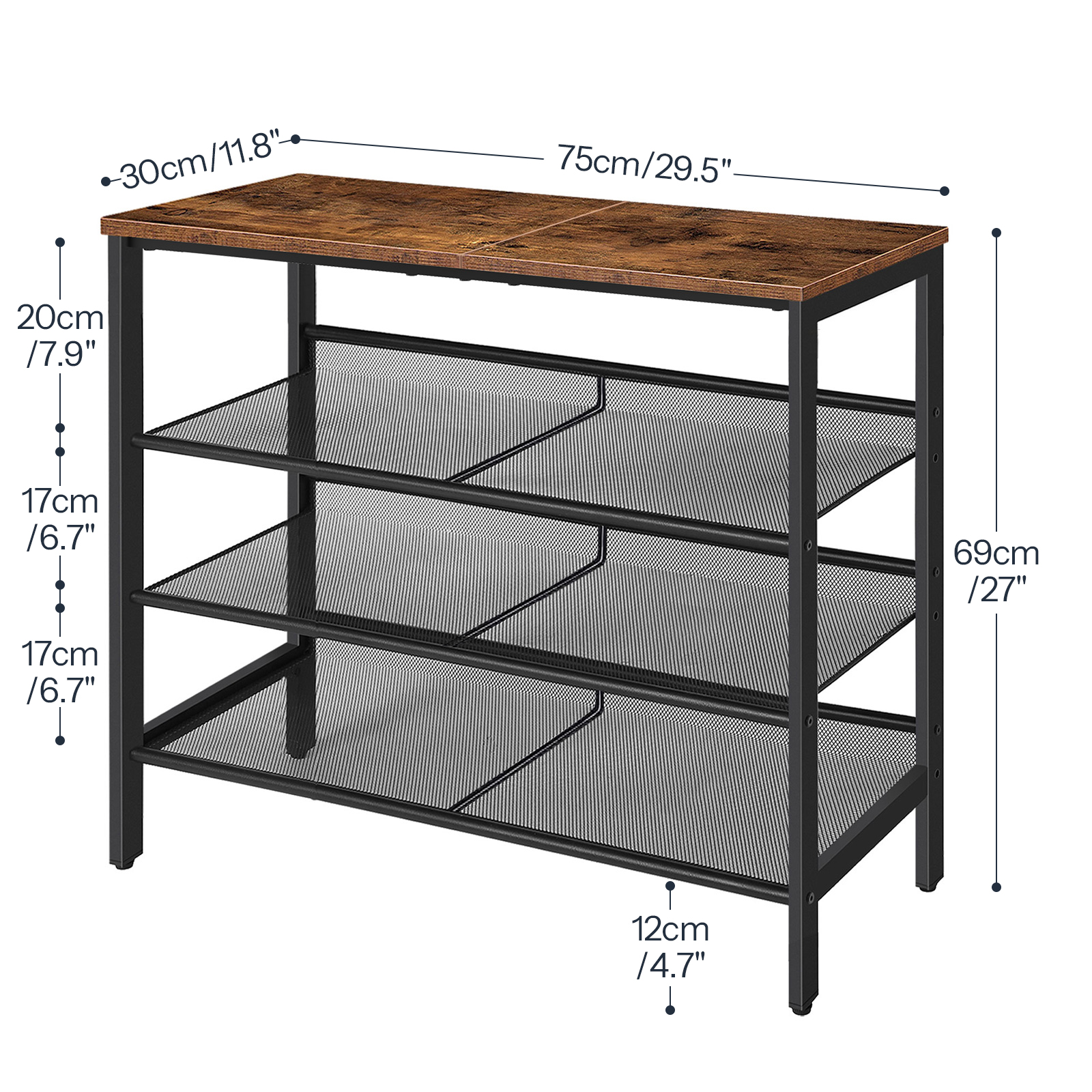 HOOBRO Shoe Rack for Entryway, 4-Tier Shoe Organizer with Adjustable Mesh Shelves, 12-16 Pairs of Shoes, Spacious Floor Mount, Metal, Industrial, Shoe Shelf for Closet, Rustic Brown BF42XJ01