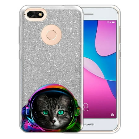 FINCIBO Silver Glitter Case, Sparkle Bling TPU Cover for Huawei P9 Lite Mini 5", Clear Astronaut Cat