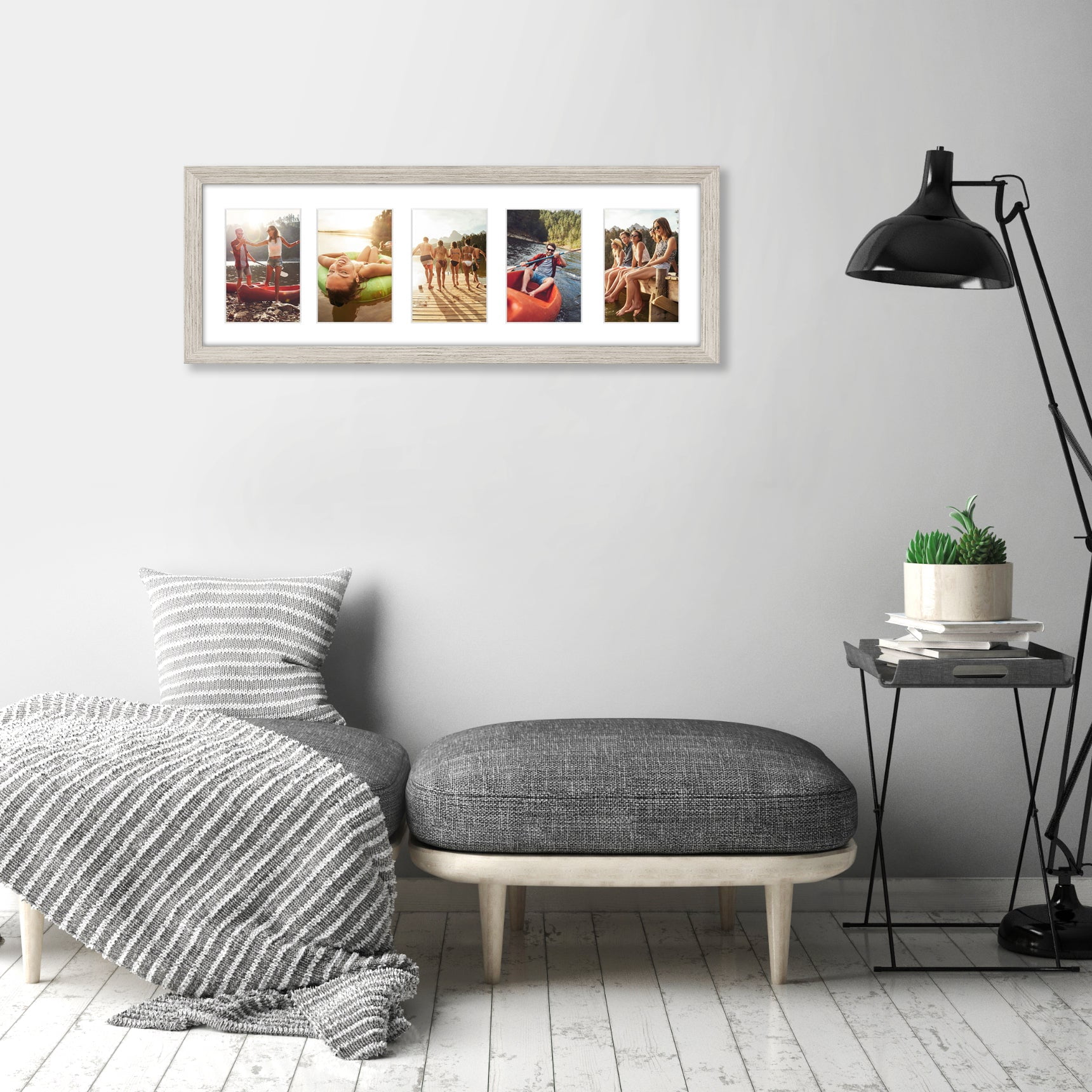 Americanflat 8x24 Collage Picture Frame with Five 4x6 Displays in Driftwood - Composite Wood with Shatter Resistant Glass - Horizontal and Vertical Formats for Wall