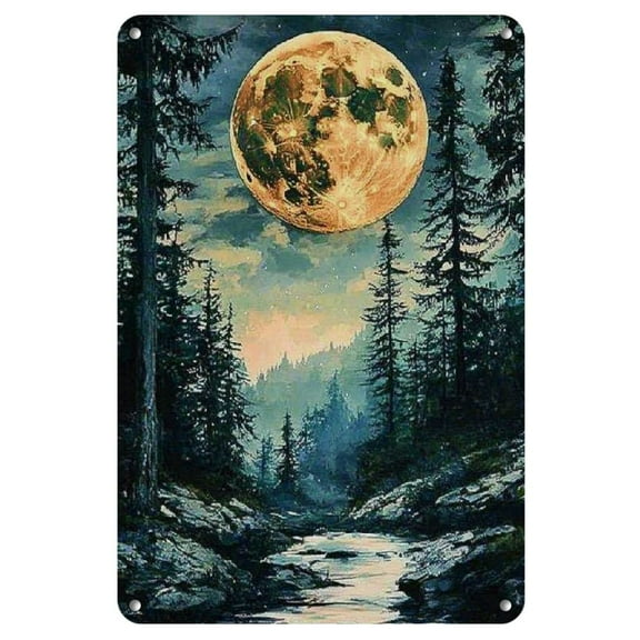 Iron Forest Moon Wall Art Sign, Reusable Vintage Metal Plaque, Outdoor & Indoor Decor for Home and Bar, Waterproof and Weather Resistant, 14  Age Group, 1pc
