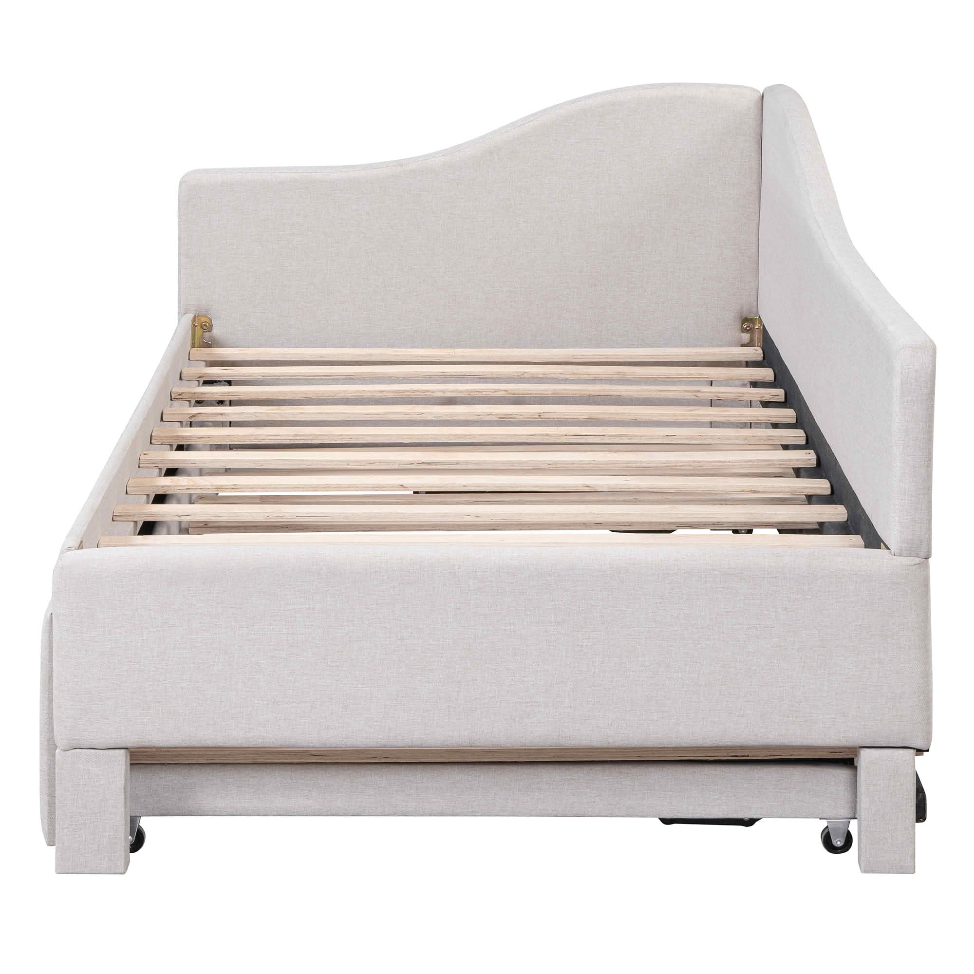 MAYEERTY L-Shaped Linen Upholstered Daybed with Twin to King Expandable Trundle, No Box Spring Needed