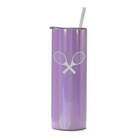 

20 oz Skinny Tall Tumbler Stainless Steel Vacuum Insulated Travel Mug Cup With Straw Tennis Racquets (Purple Iridescent Glitter)