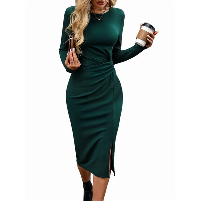 Robe Moulante à Manches Longues pour Femme, devant Torsadé, Fente, Sortie, Midi, Vert Foncé, L