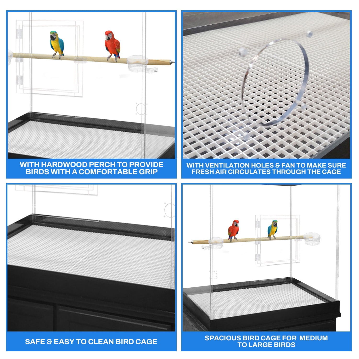 PENNZONI Large Bird Cage for Macaws & Parrots,Clear Acrylic Cage, Glossy Oak Base w/ Decorative Top