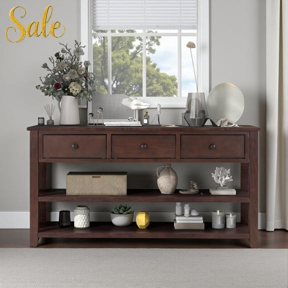 Tcbosik 50" Entryway Table with 3 Drawers and Open Storage Shelves, Farmhouse Accent Sofa Table, for Living Room, Hallway, Couch, Small Spaces - Espresso