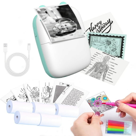 Cteifuer Mini Printer: Pocket Bluetooth Thermal Printer with 5 Rolls Printing Paper 5 Pencil for Android iOS Smartphone, BT Inkless Printing Gift for Label Receipt Photo Notes Study Home Office, Blue