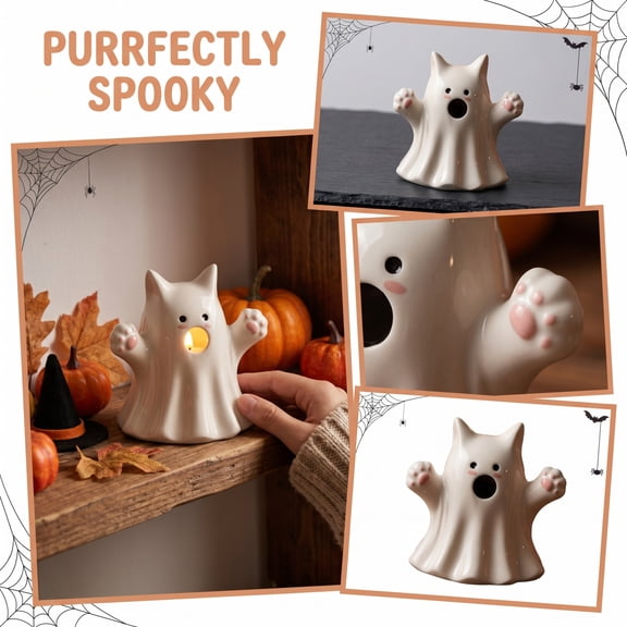Ghost Cat Ceramic Figurine Halloween Decorations Cute Spooky White Resin Statue Fall Tabletop Mantel Shelf Ornament