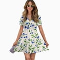 thumbnail image 2 of Blueberries Cream Background Floral Print Women Dress V-Neck Short Sleeve Flowy Swing Party Midi Dress, 2 of 4