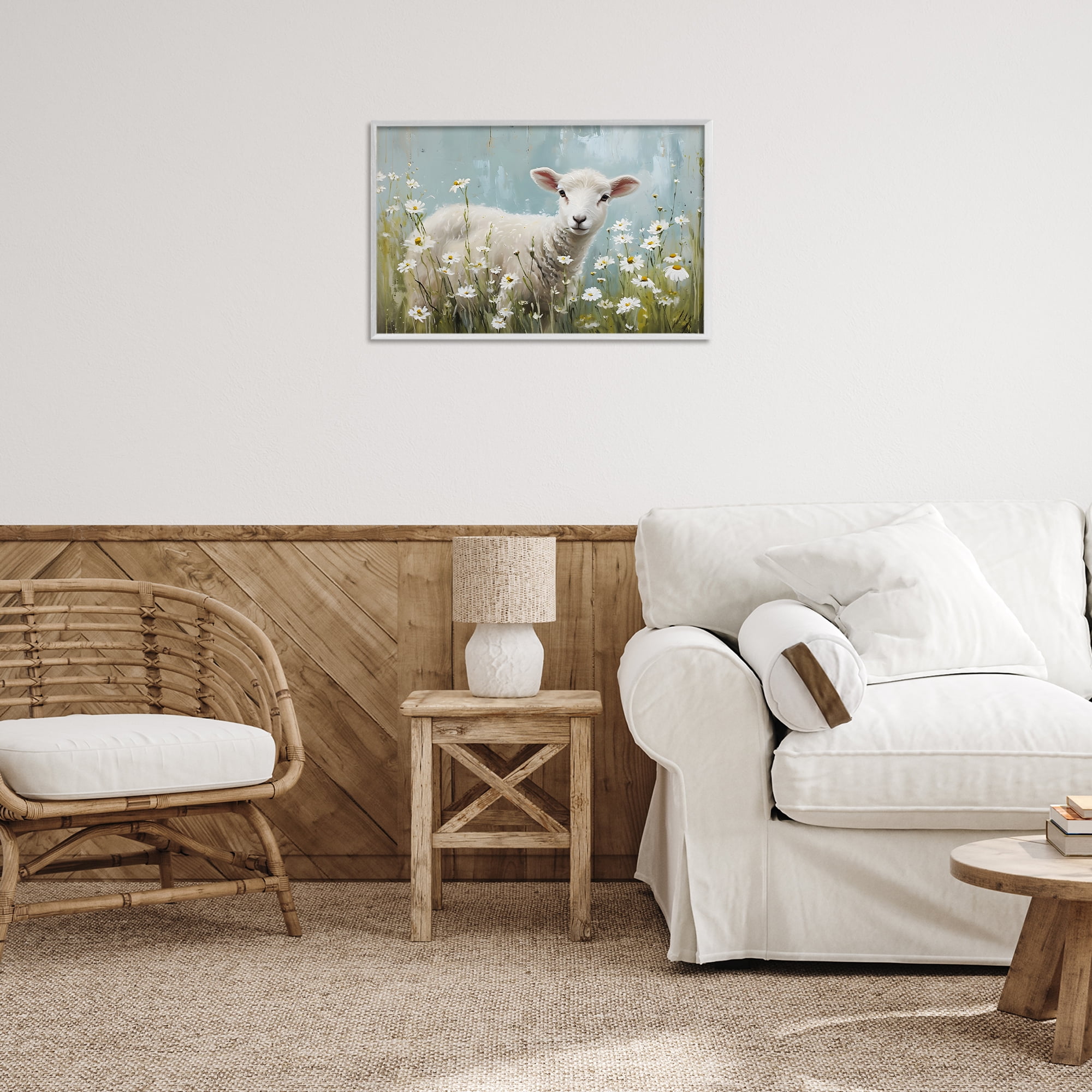 Stupell Industries Lamb Among Daisies Animals & Insects Painting White Framed Art Print Wall Art, 24 x 16