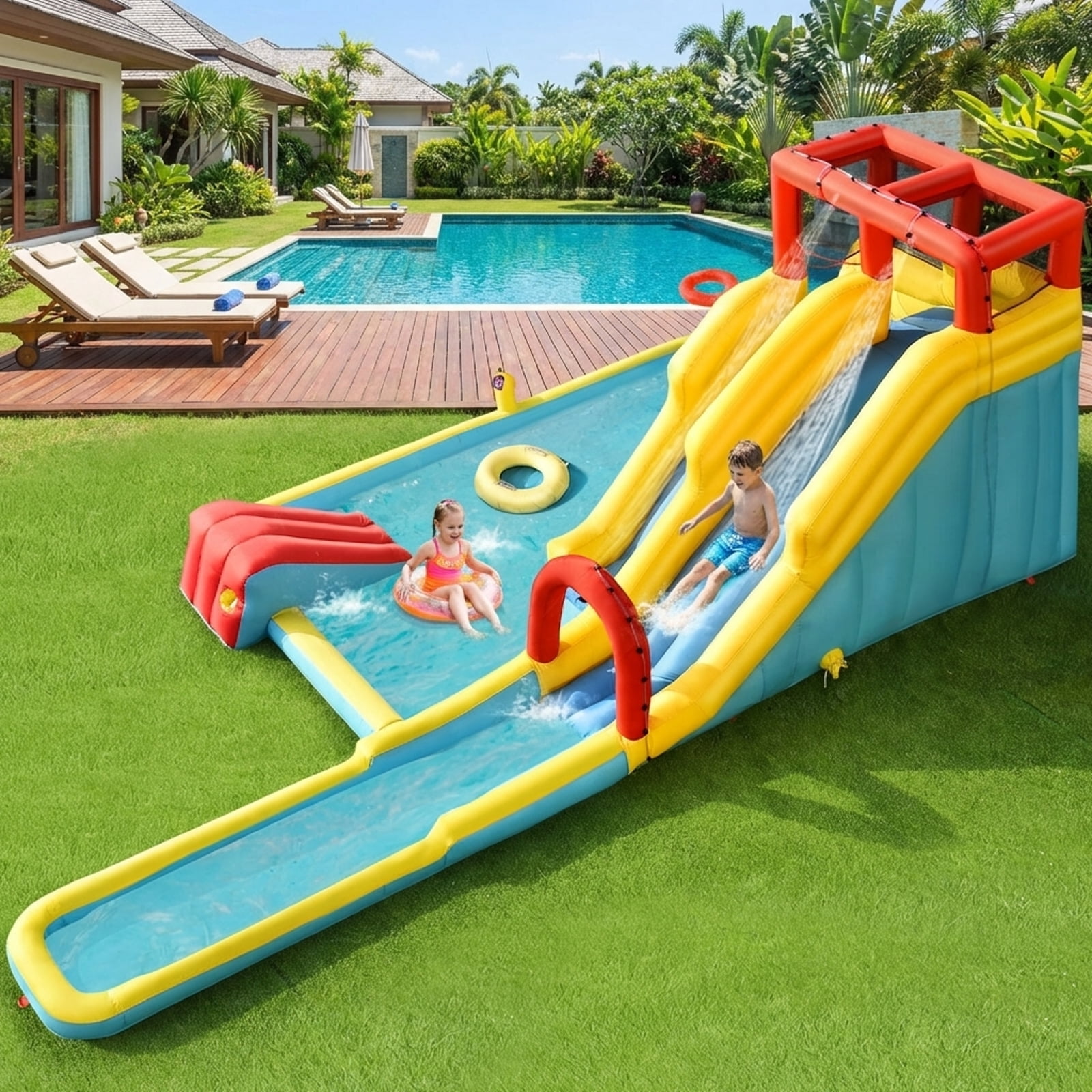 Redsmile 7-in-1 Inflatable Dual Slide Water Park Bounce House Without Blower - Multicolor - Kids Birthday Party