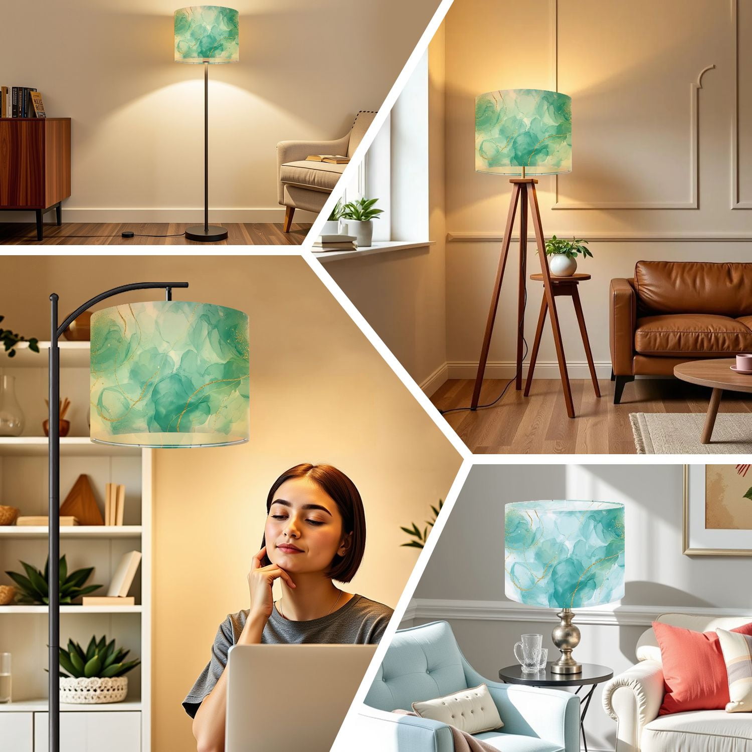 Linen Drum Lampshades Pastel cyan mint liquid marble watercolor white lines brush stains 13"x13"x10" Light Shade for Table Lamps Floor Lamps Drum Lamp Shades Lampshade Replacement Assembly Required