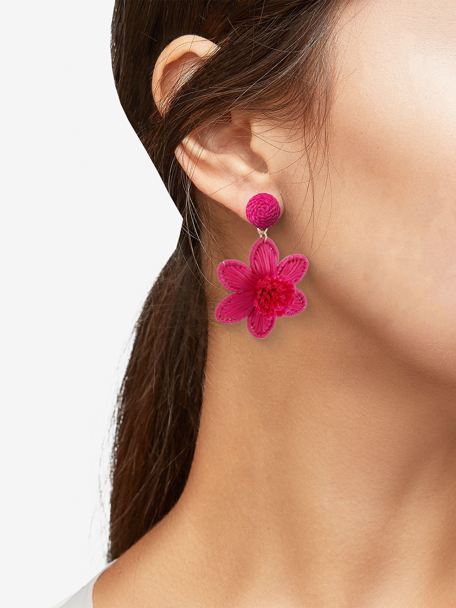 Time and Tru Women's Magenta Raffia Flower Earrings, 1 Pair