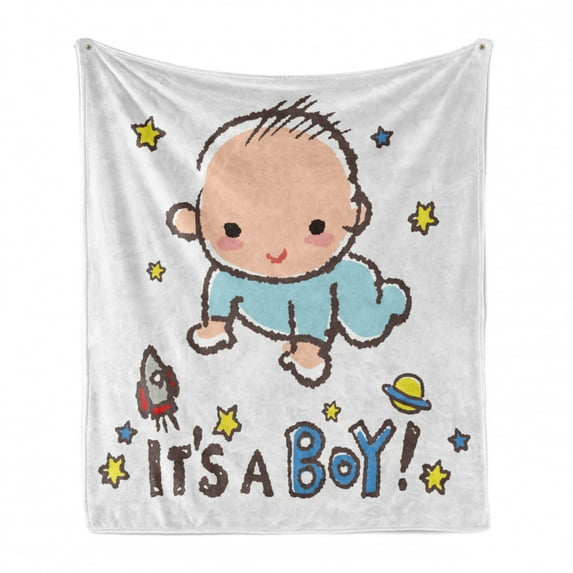 Gender Reveal Soft Flannel Fleece Throw Blanket, Little Baby Boy Smiling with Stars Rocket Space Kids Cartoon Style, Cozy Plush for Indoor and Outdoor Use, 60" x 80", Multicolor, by Ambesonne