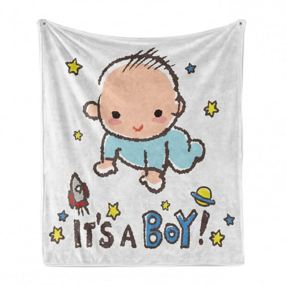 Gender Reveal Soft Flannel Fleece Throw Blanket, Little Baby Boy Smiling with Stars Rocket Space Kids Cartoon Style, Cozy Plush for Indoor and Outdoor Use, 60" x 80", Multicolor, by Ambesonne