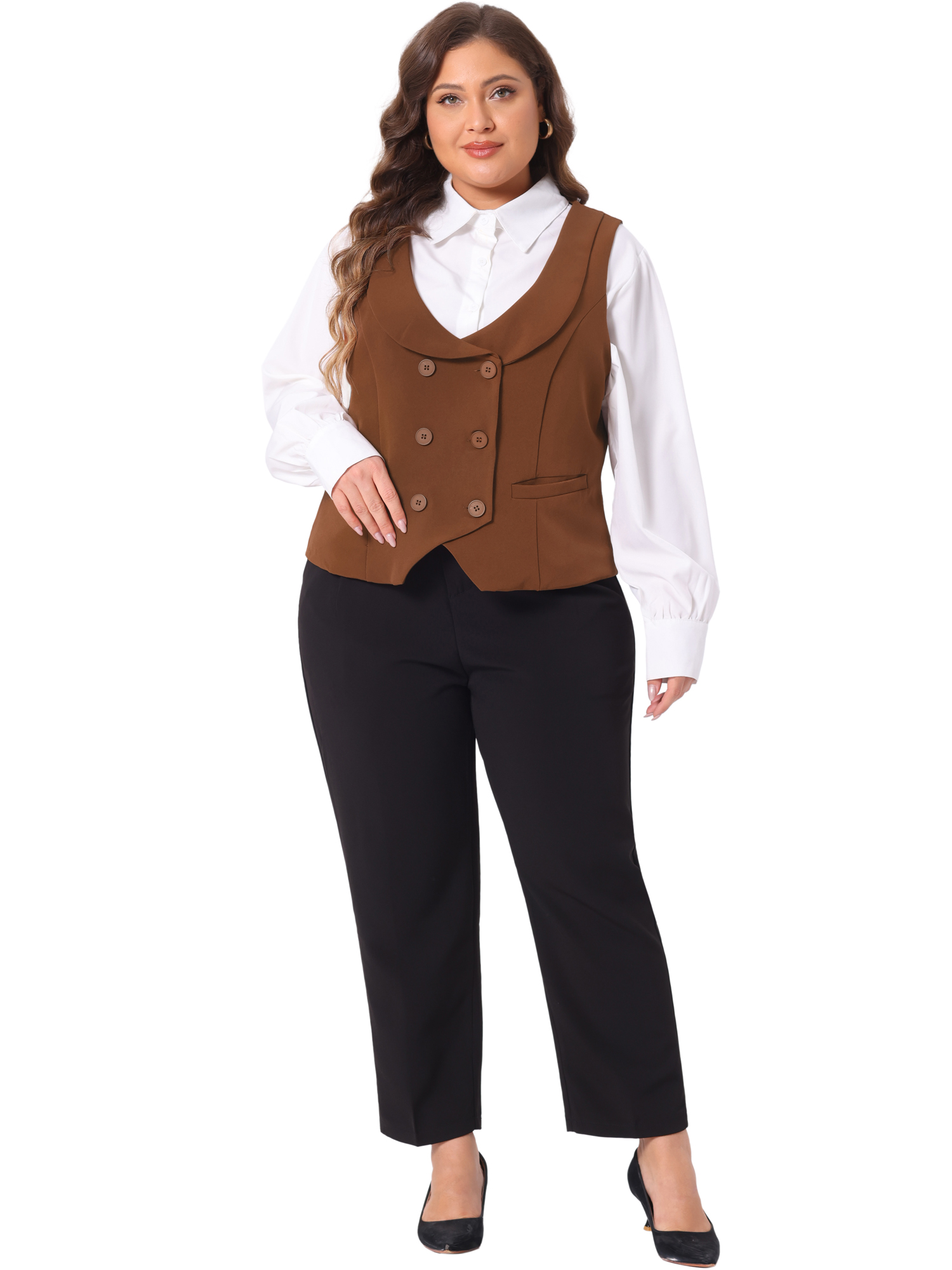 DARING DIVA Women's Plus Size Double Breasted Vintage Lapel Collar Vest 4X Brown