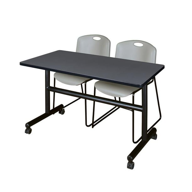 48" x 30" Flip Top Mobile Training Table Grey and 2 Zeng Stack Chairs