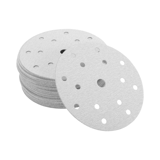 Discos de Lija Unique Bargains, 5.91" 15 Agujeros 320 Grano para Reparación Automotriz, Papel de Lija Redondo con Gancho y Bucle de Óxido de Aluminio Blanco, 50 Pcs