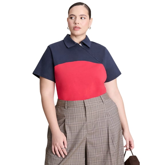 ELOQUII Women's Plus Size Asym Zipper Neck Polo Shirt