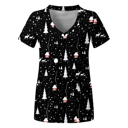 

Women s Christmas Scrub Tops Plus Size Top V Neck Short Sleeved Pockets Printed T Shirt