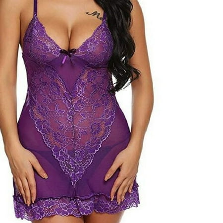 Deals of The Day Clearance TMOYZQ Nightgown for Women Lace Trim Babydoll Chemise Mesh Nightdress See ThroughV Neck Nightwear Side Split Nightgown