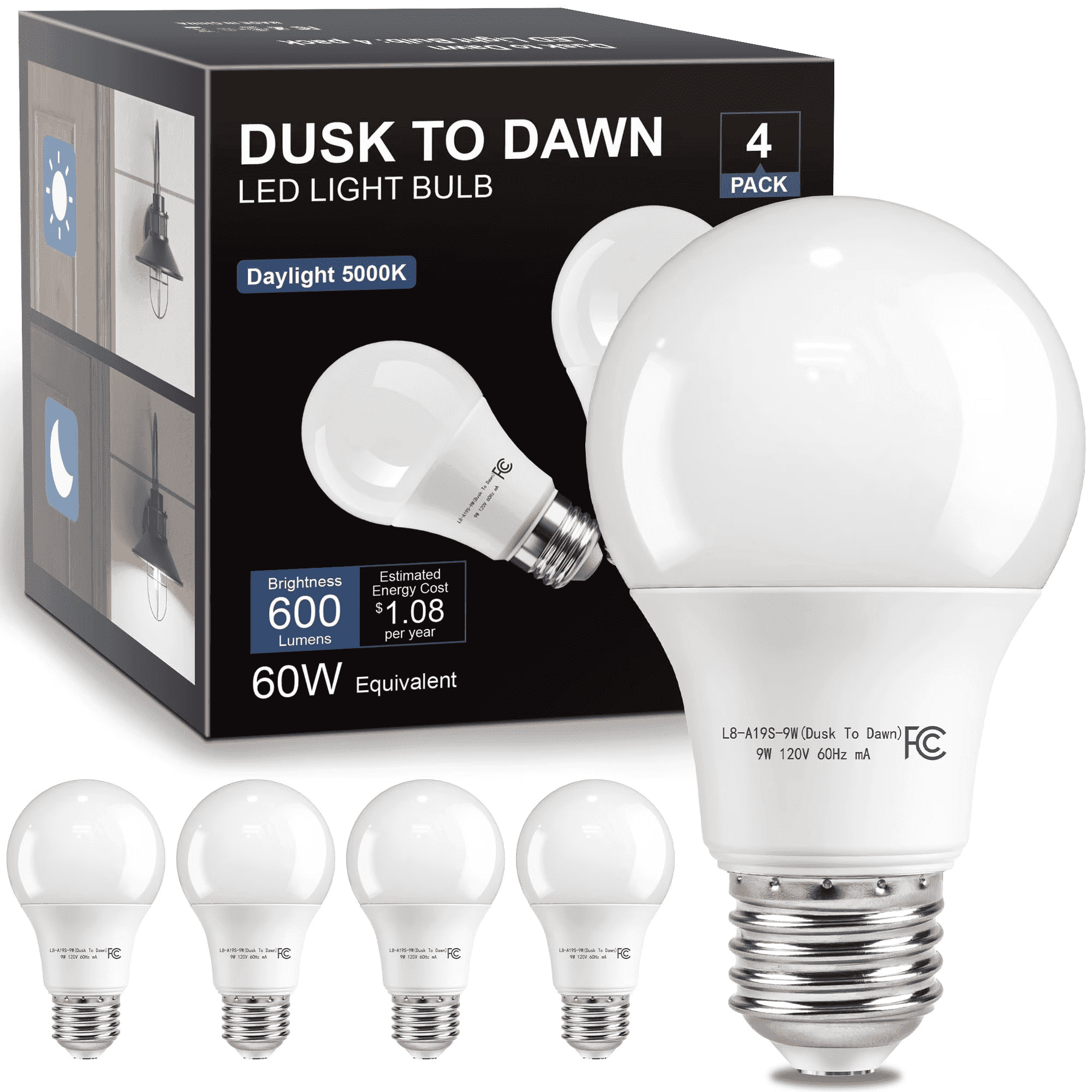 VOLIVO Dusk to Dawn Light Bulbs Outdoor 60 Watt Equivalent, Automatic On/Off Sensor LED Light Bulb, 9W Daylight 5000K, 800Lumen, A19 E26 Bulbs,4pack.