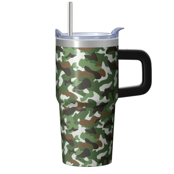 Camo 20oz Stainless Steel Tumbler with Handle and Straw – Insulated Travel Cup with Sliding Lid, 360° Full Wrap Printed Mug for Home, Outdoor & Sports Use, Camouflage