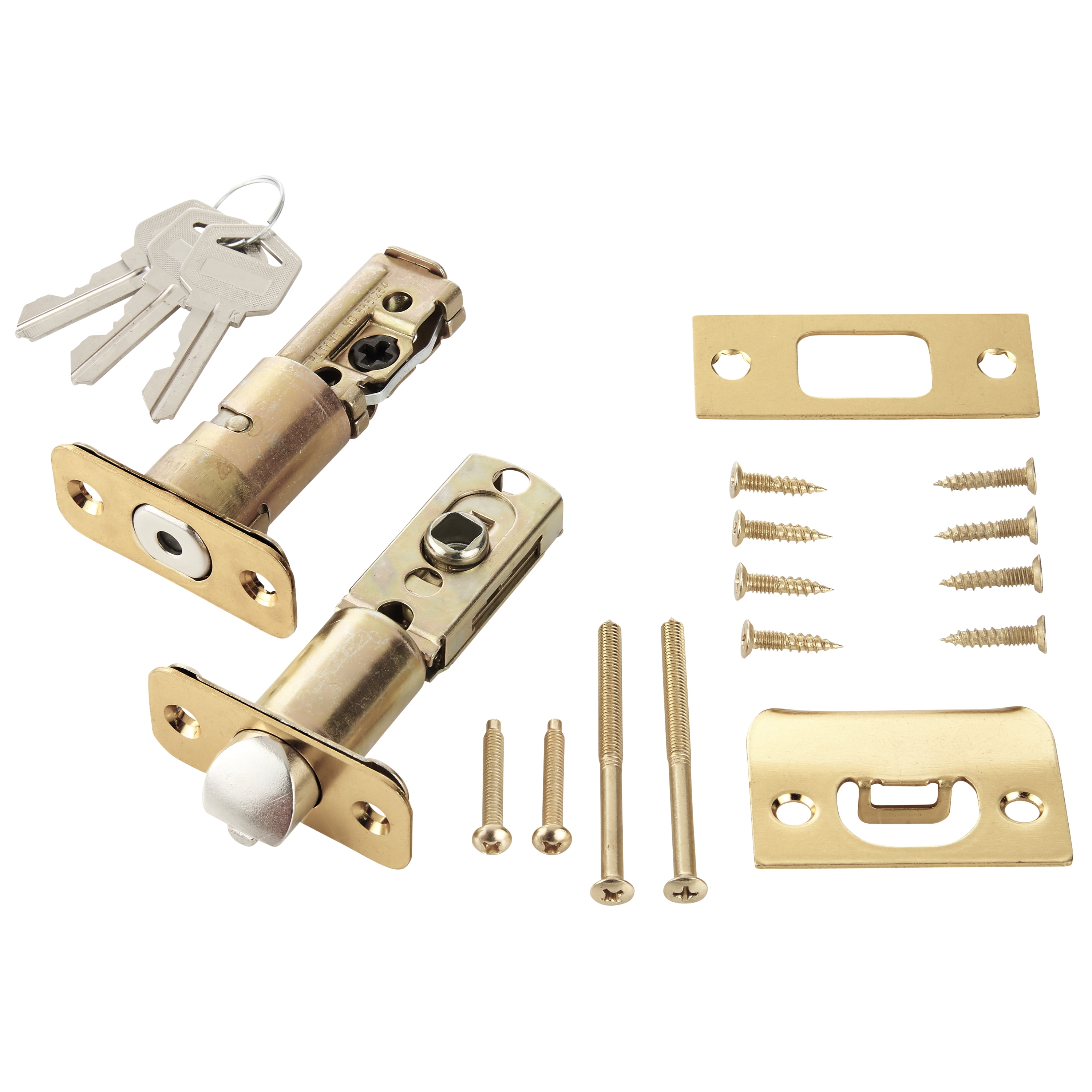 Polished Brass Entry Door Handle Combo Lock Set with Deadbolt and 8 SC1  Keys Total (2-Pack, Keyed Alike)