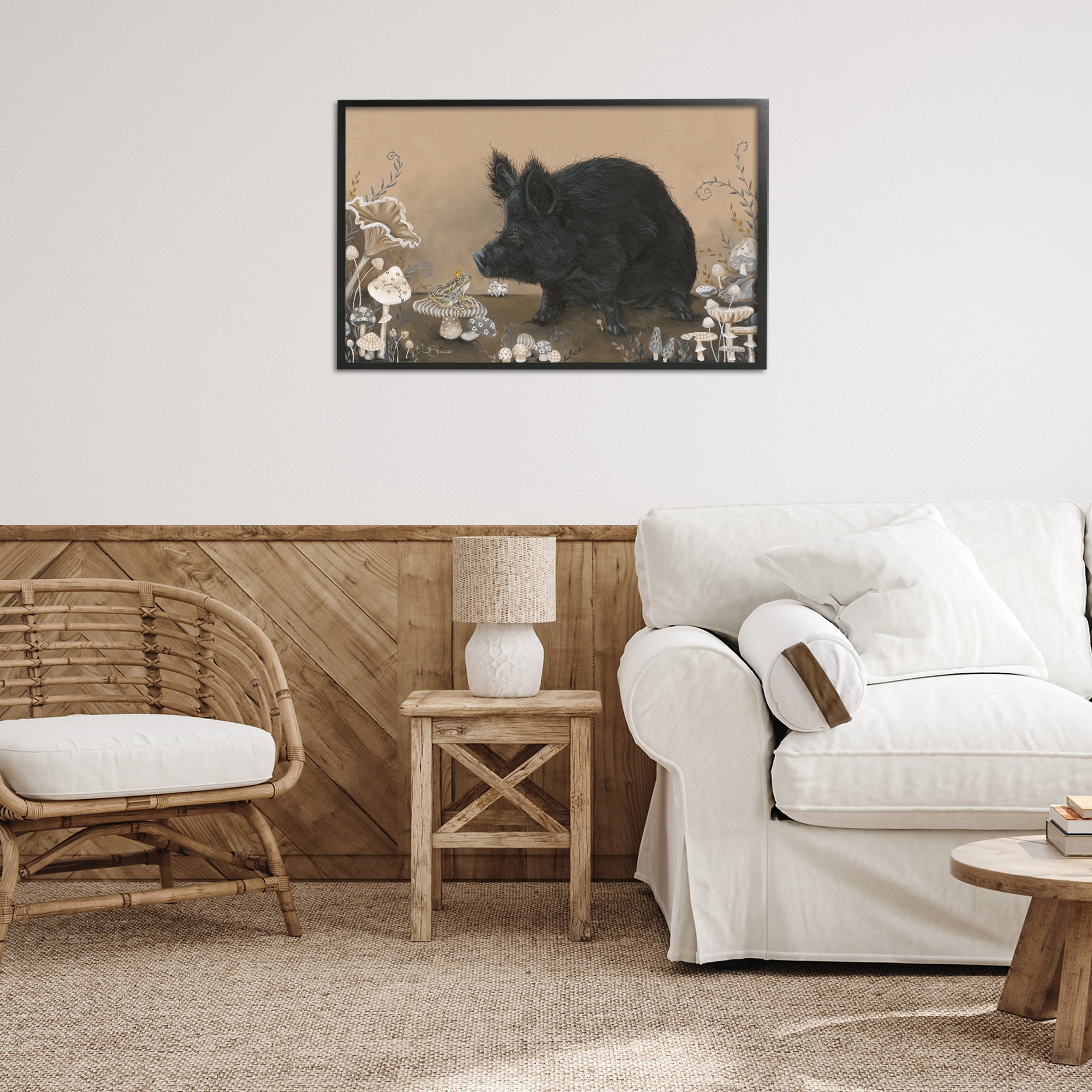 Stupell Industries Hog & Frog with Mushrooms Animals & Insects Painting Black Framed Art Print Wall Art, 30 x 20