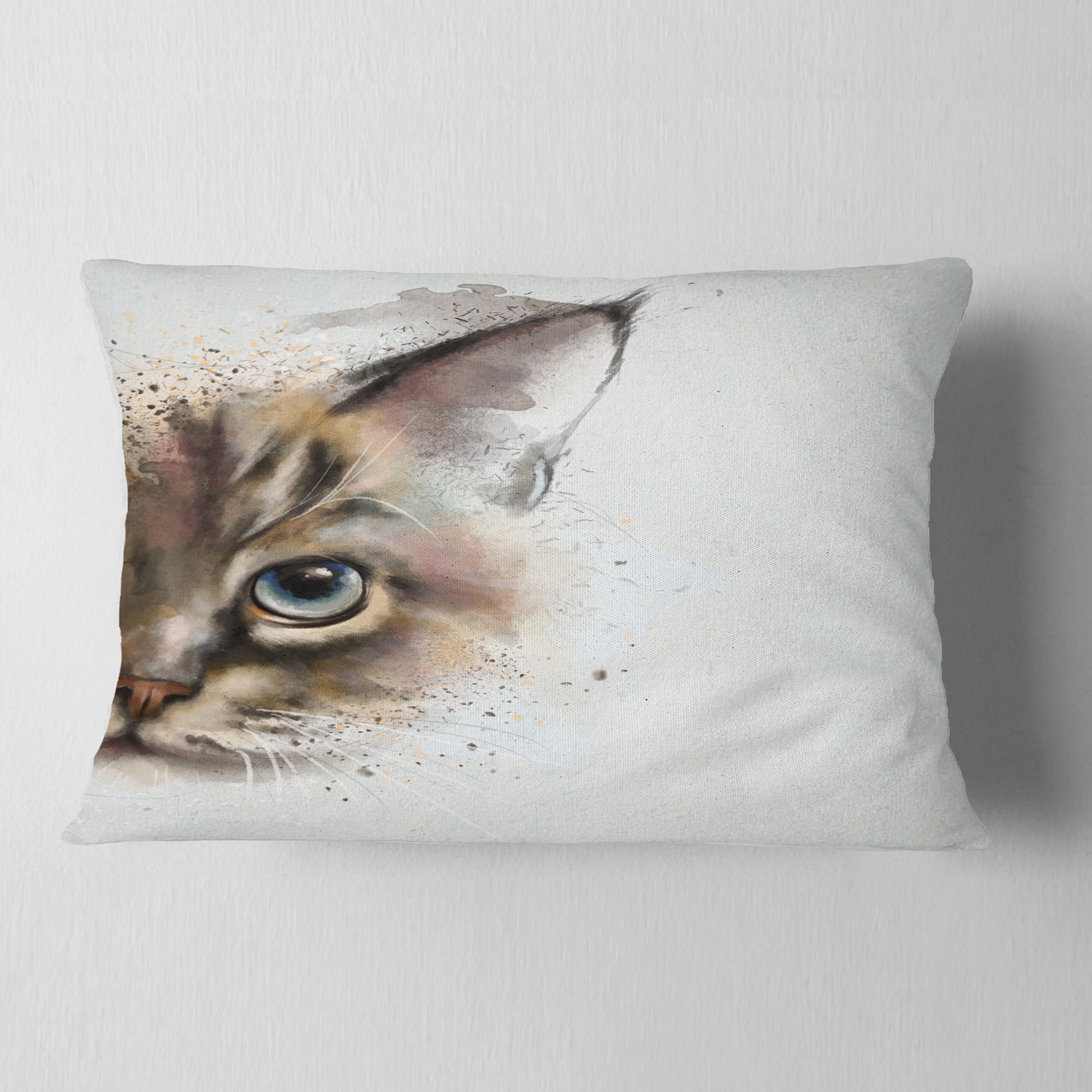 Designart Cat Half Face Watercolor - Animal Throw Pillow - 12x20