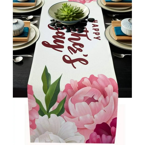 Mother's Day Carnation Linen Table Runner Farmhouse Rustic Spring Pink Flowers Dresser Scarves Table Runner Dining Party Decor