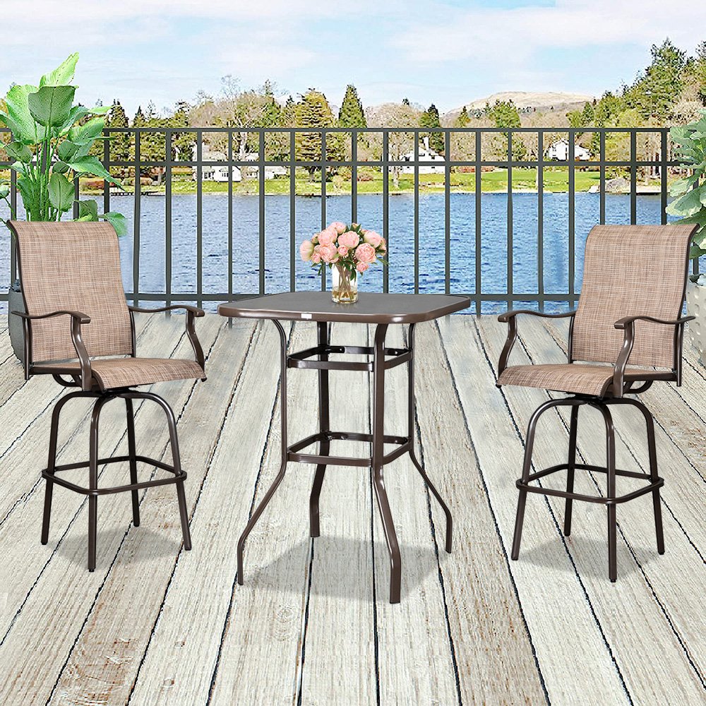 Patio Swivel Bistro Set, 3 Piece Outdoor Bar Table and Stools Set, 2