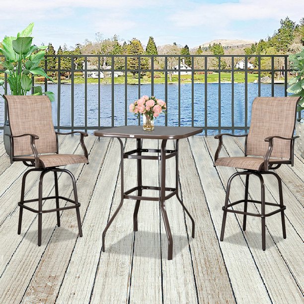 Patio Swivel Bistro Set, 3 Piece Outdoor Bar Table and Stools Set, 2