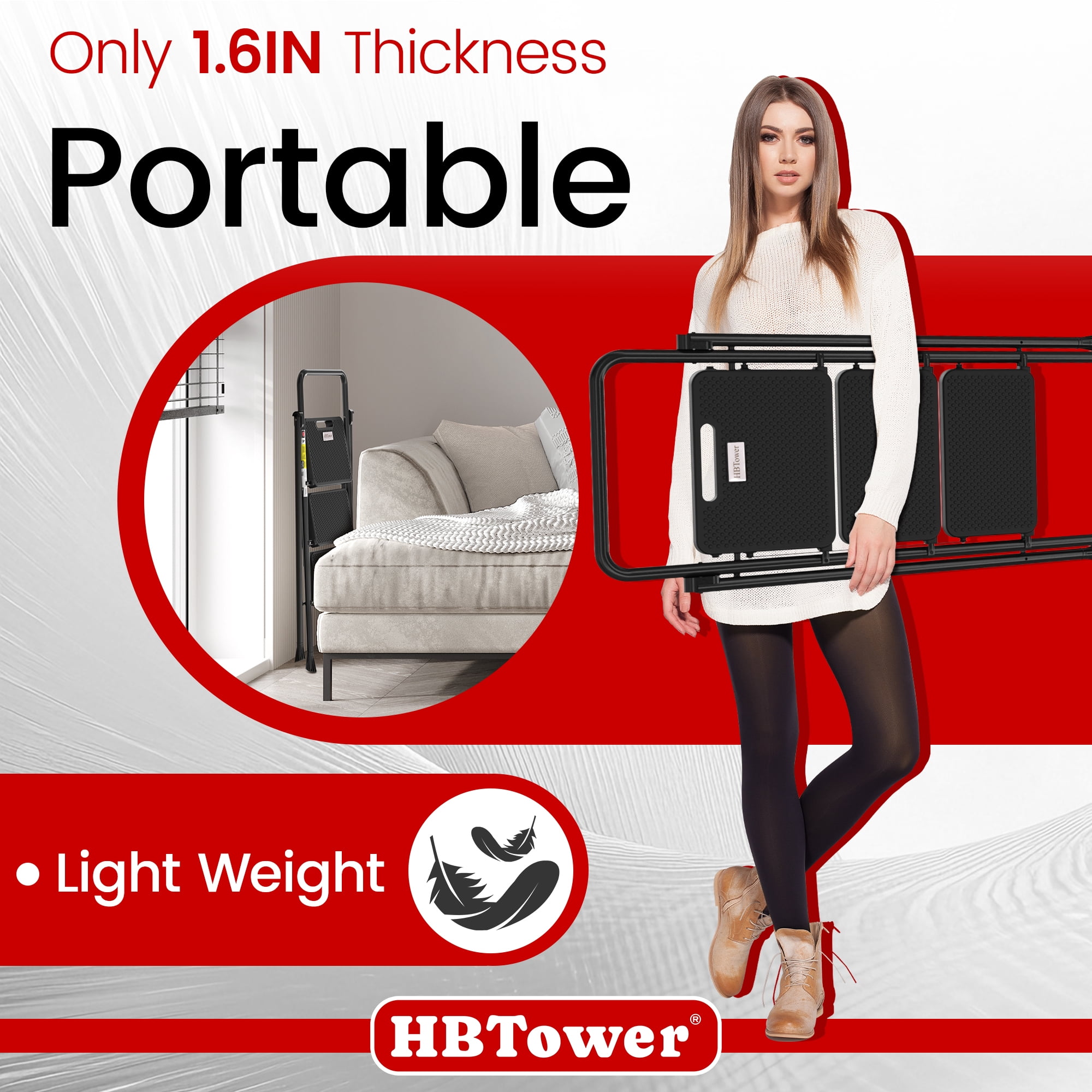 HBTower 3 Step Ladder, Folding Step Stool with Wide Anti-Slip Pedal, Convenient Handgrip, Lightweight 500lbs, Portable Steel Step Stool, Black