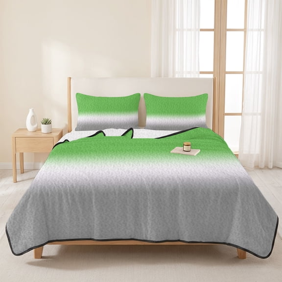 3 Piece Summer Bed Quilt Set King Size,Green Grey White Lightweight Bedspread Coverlet with 2 Pillowcases Farm Gradient Art Soft Comforter Bedding Quilts for All Season