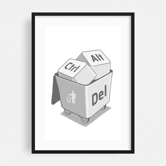 keyboard - Illustration Humor Black and White Quote Modern Art Pop Art Typography Black Framed Wall Art Print 5 x 7 inches