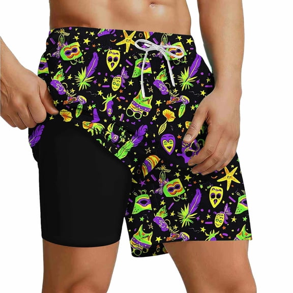 Tropical Leaf Print 2 in 1 Swim Shorts for Men Drawstring Waist Performance Bottoms Quick-Dry Beach Trunks with Built-in Compression Liner Summerwear