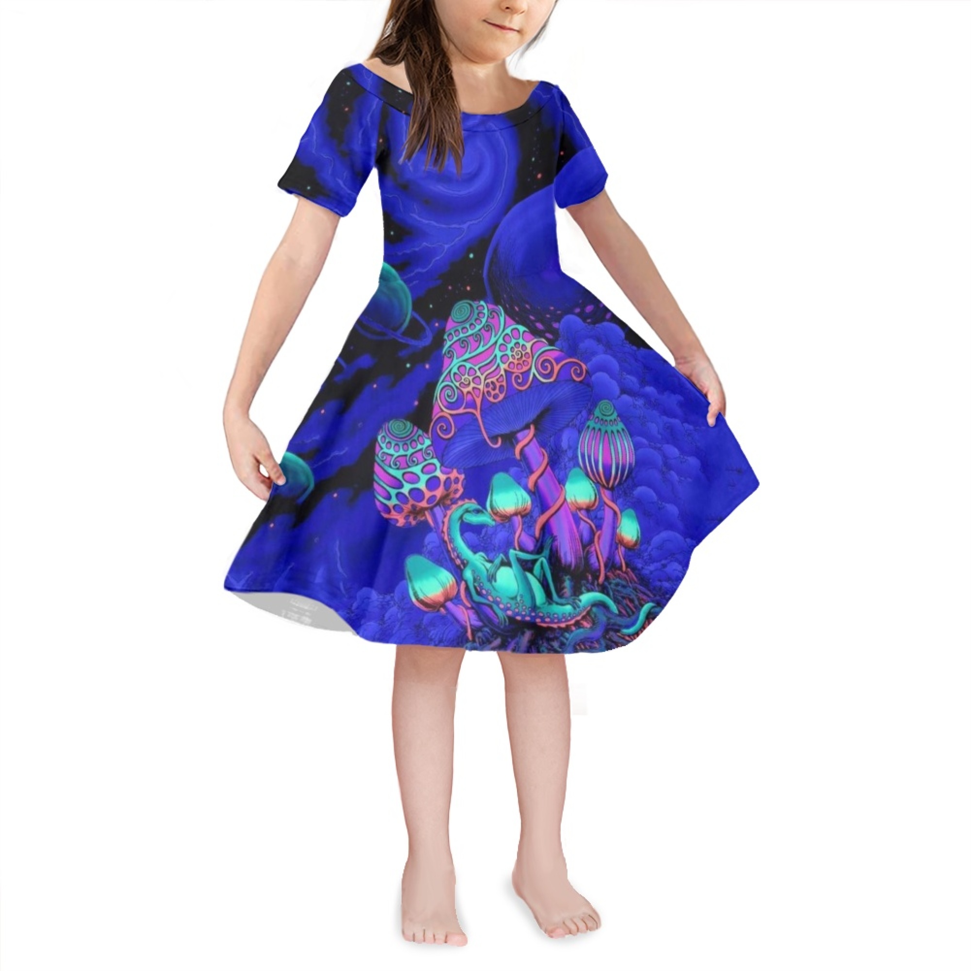 NETILGEN Night Star Hippy Mushrooms Pattern Midi Dress with Sleeves