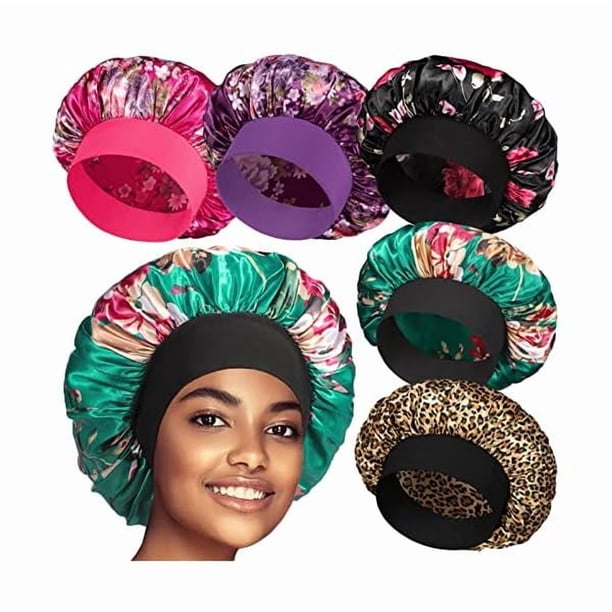 wonima11 5 Pack Satin Bonnet Silk Bonnet for Sleeping Women, Hair Sleep Bonnets for Women, Wide Soft Band Large Sleep Cap for Curly Hair Braids
