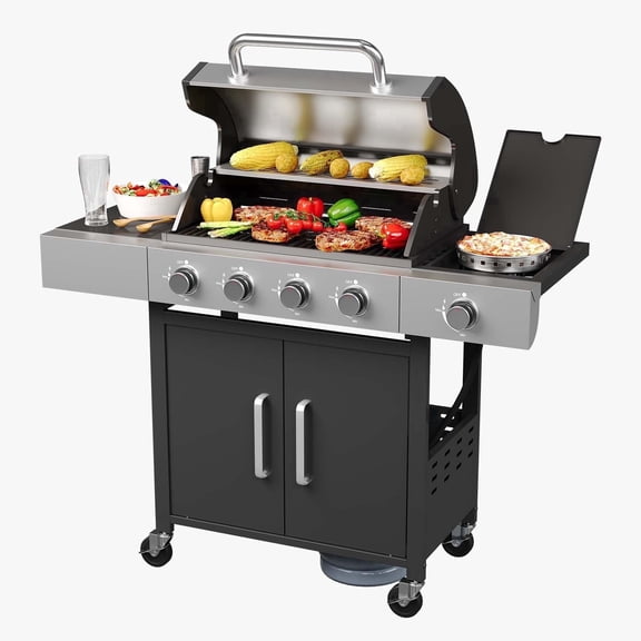 Clouddwell 4 Burner Gas Propane Grill, with 4 Casters, Side Table, and Thermometer, Patio Garden Bbq Grill Perfect for Camping, Black