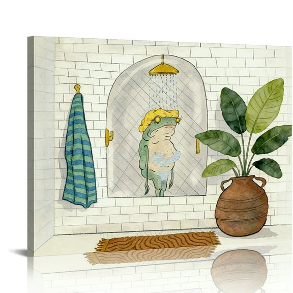 Hidden Frame Canvas Wall Art - Funny Frog Taking Shower Watercolor Playful Popular Wall Decor for Bathroom & Living Room 16x12in