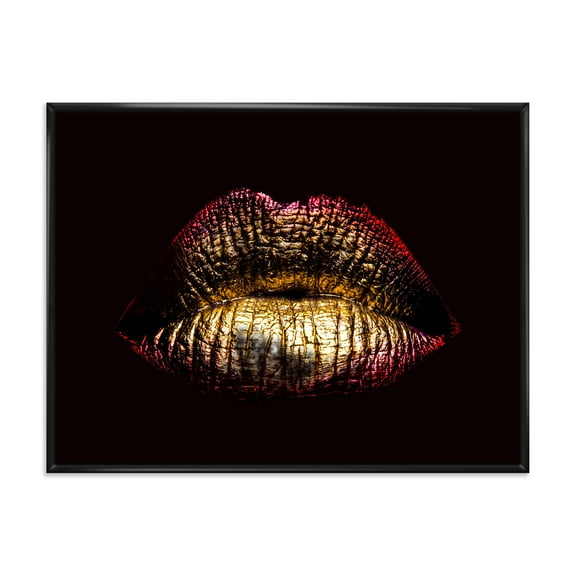 Designart 'Sexy Golden Metallized Woman Lips IV' Modern Framed Canvas Wall Art Print