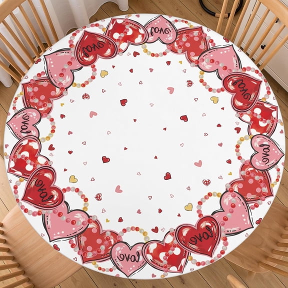 Valentines Day Round Fitted Tablecloth Best for 40"-44" Colored Pink Heart Table Cloth Elastic Edge Water-Resistant Washable Golden Love Table Cover for Happy Party Picnic Outdoor Indoor Decor